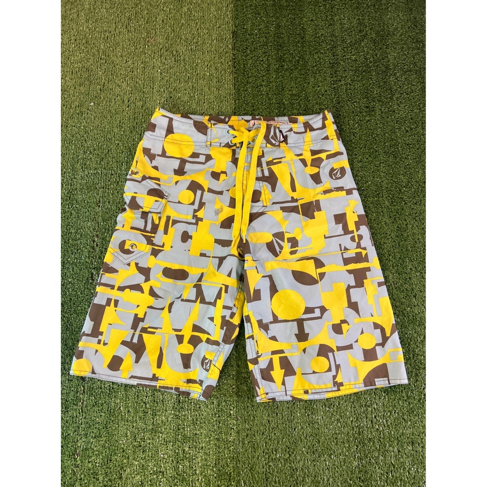 Volcom Board Shorts Mens 30 Yellow Grey Geometric Abstract‎ Print Swim Trunks